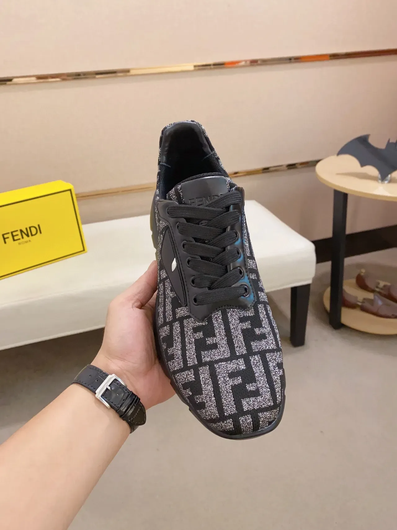 Fendi Black Silver Monogrammed Knit Upper Triangular Eye Logo Patch Chunky Sneakers 9