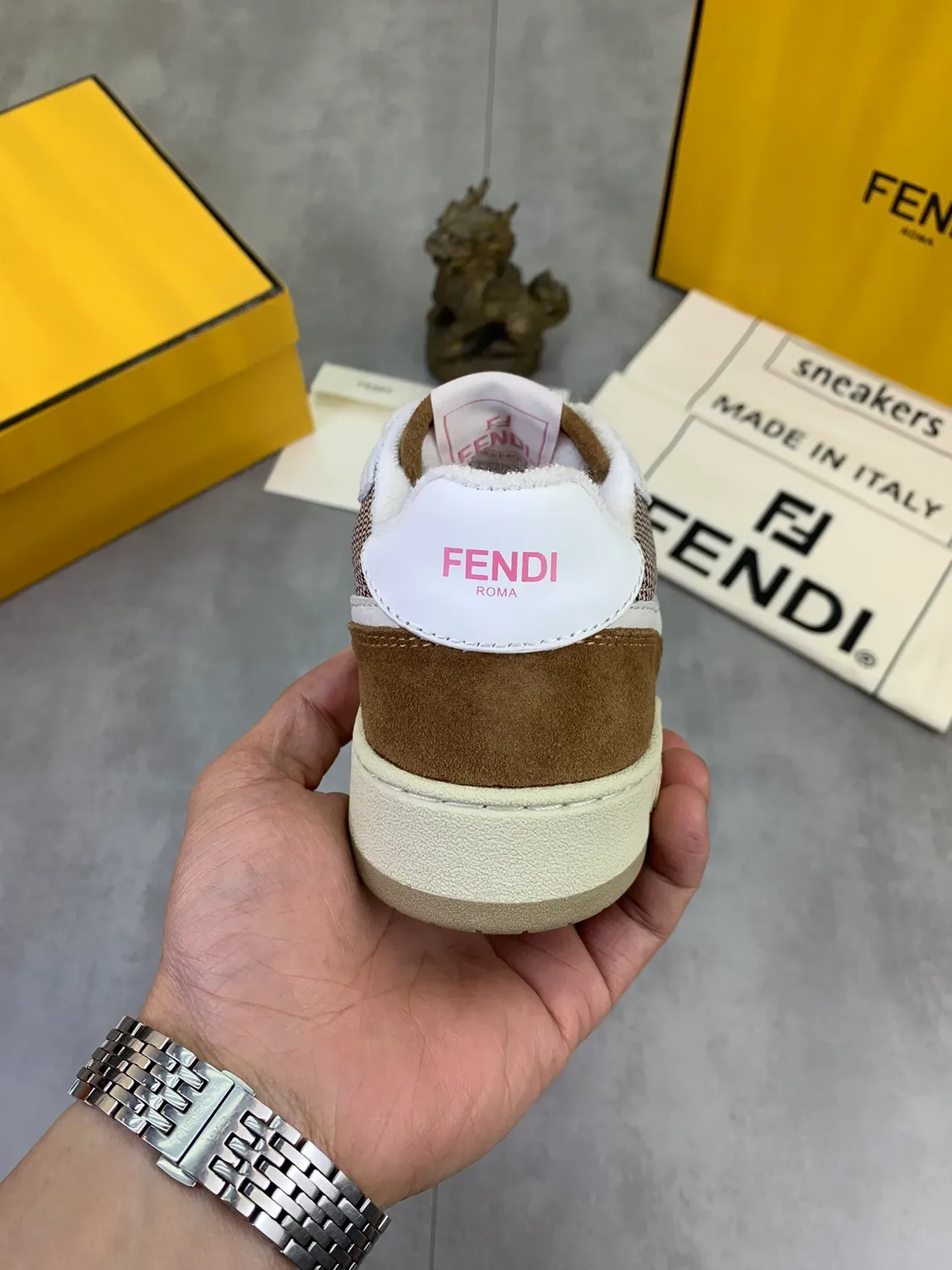 Fendi Chaussures Lifestyle Marron Multicolore Houndstooth Textil Suede Overlays 3