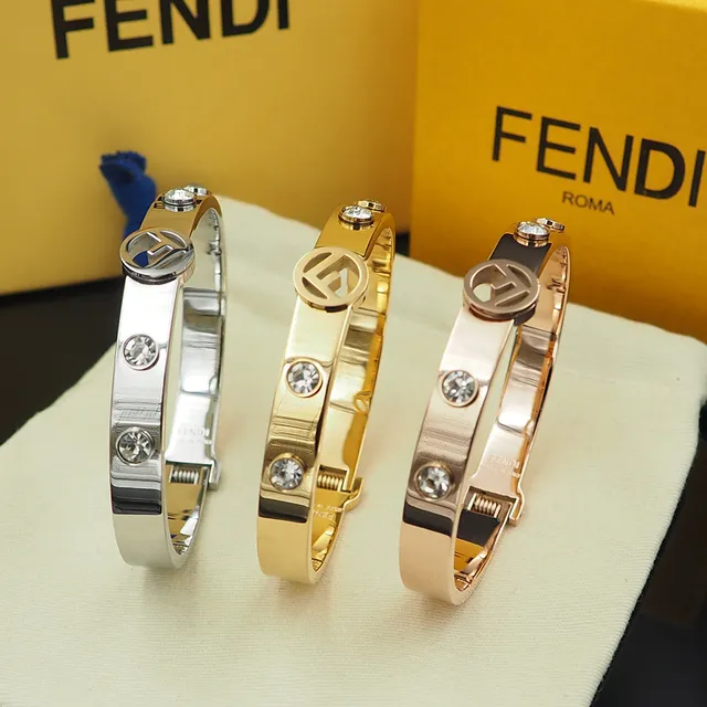Fendi FF Logo Bangle Gold Silver Hinged Medallion Bracelet 9