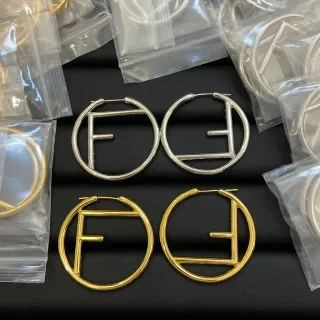 Fendi FF Logo Hoop Silver Gold Circular Integrated Earrings