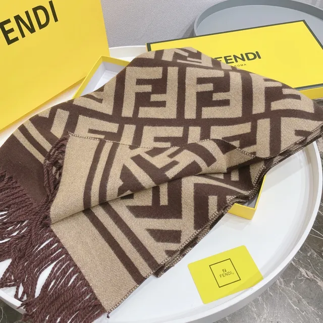 Fendi FF Monogram marrom e bege Cashmere cachecol 6