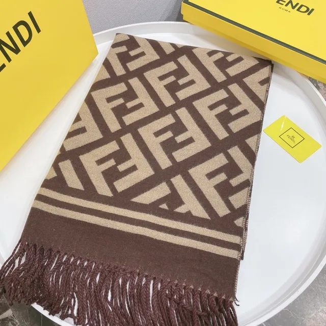 Fendi FF Monogram marrom e bege Cashmere cachecol 7