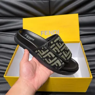 Fendi FF Slide Black and Olive Green Monogram Slippers