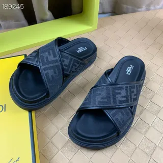 Fendi FF Slide Black Monogram Webbing Platform Slippers