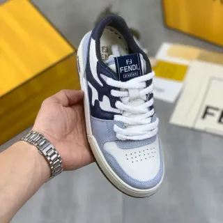 Fendi Lifestyle Sneaker White Navy Flame-Overlay Design Multi-Panel Leather-Suede Construction Lifestyle Sneakers