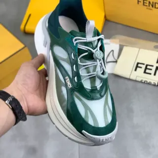 Fendi Runaway Green White Layered Mesh-Suede Upper Thick Ridged Platform Sole Chunky Sneakers