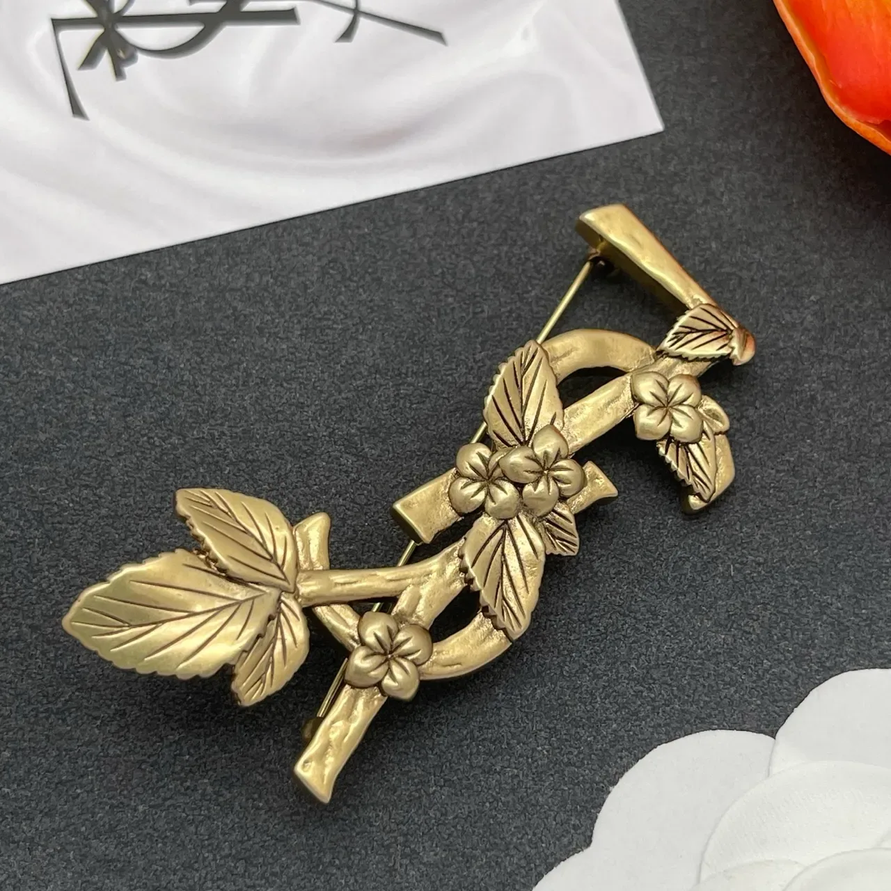 Antique Brass Floral Branch Brooch 6