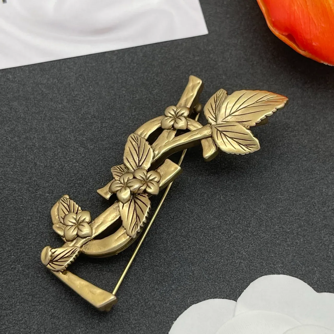 Antique Brass Floral Branch Brooch 7