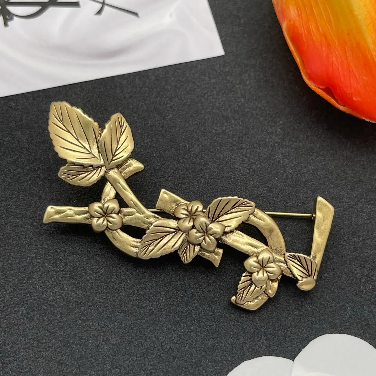 Antique Brass Floral Branch Brooch 8