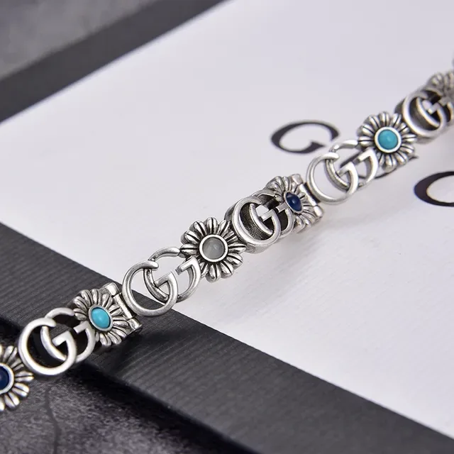 Antique Silver Floral Turquoise Inlay Buckle Bracelet 3