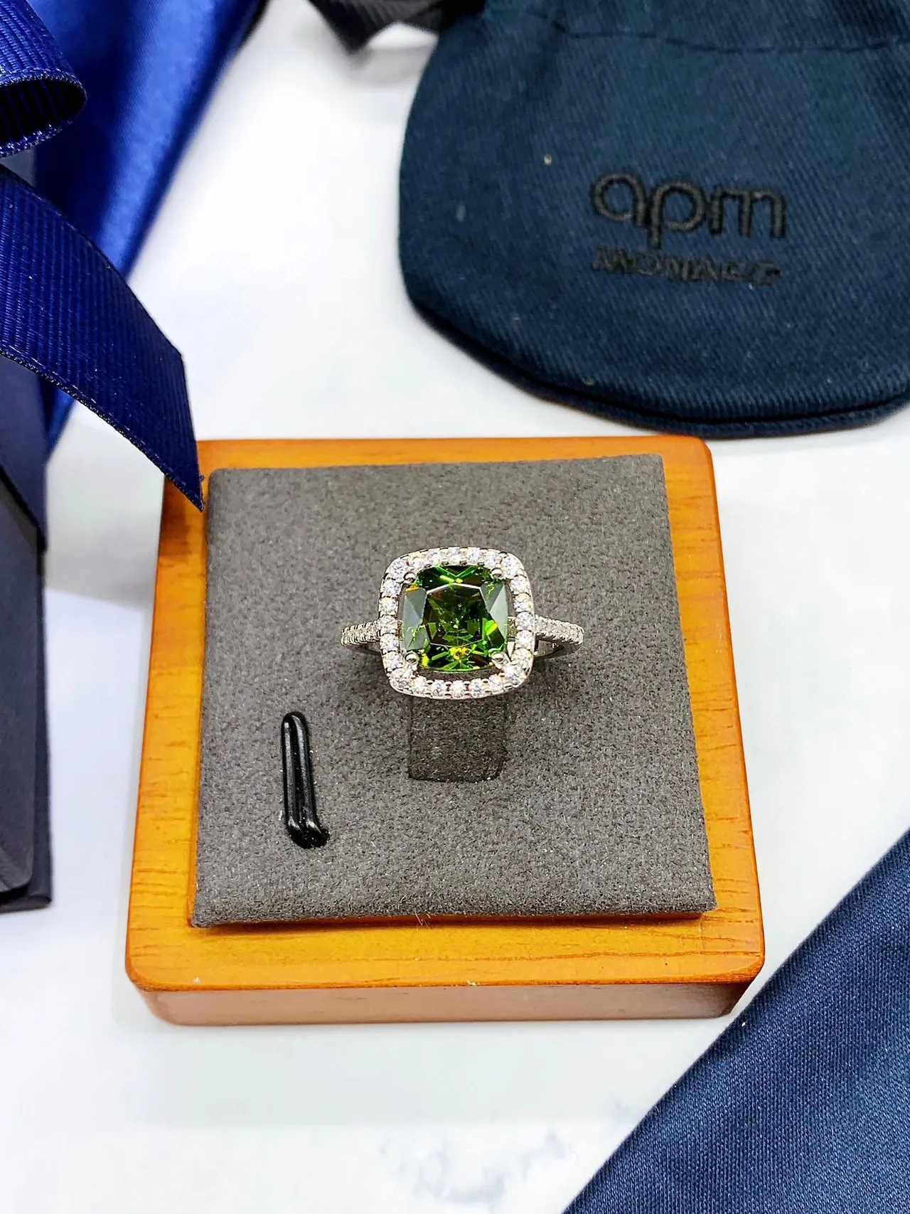 apm Monaco Cushion-Cut Blue Sapphire Pavé Halo Ring 8