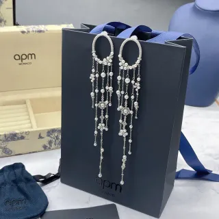 apm MONACO Silver Hoop-Top Pearl and Crystal Tassel Earrings