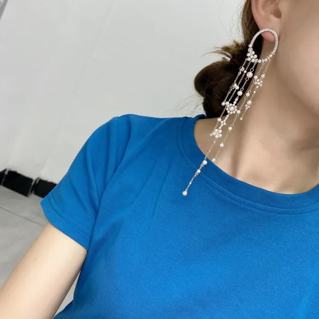 apm MONACO Silver Hoop-Top Pearl and Crystal Tassel Earrings 3