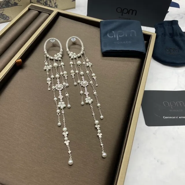 apm MONACO Silver Hoop-Top Pearl and Crystal Tassel Earrings 4