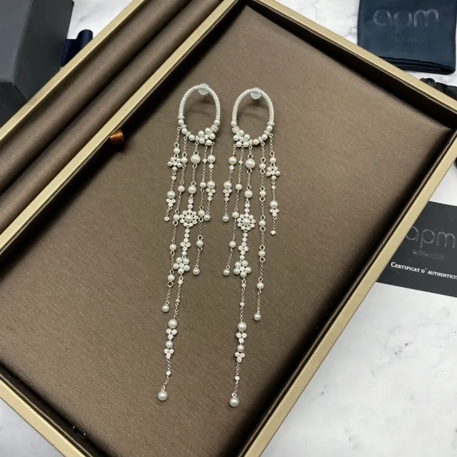 apm MONACO Silver Hoop-Top Pearl and Crystal Tassel Earrings 5