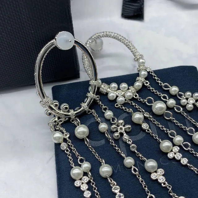 apm MONACO Silver Hoop-Top Pearl and Crystal Tassel Earrings 6