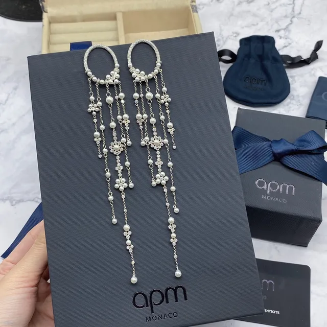 apm MONACO Silver Hoop-Top Pearl and Crystal Tassel Earrings 8