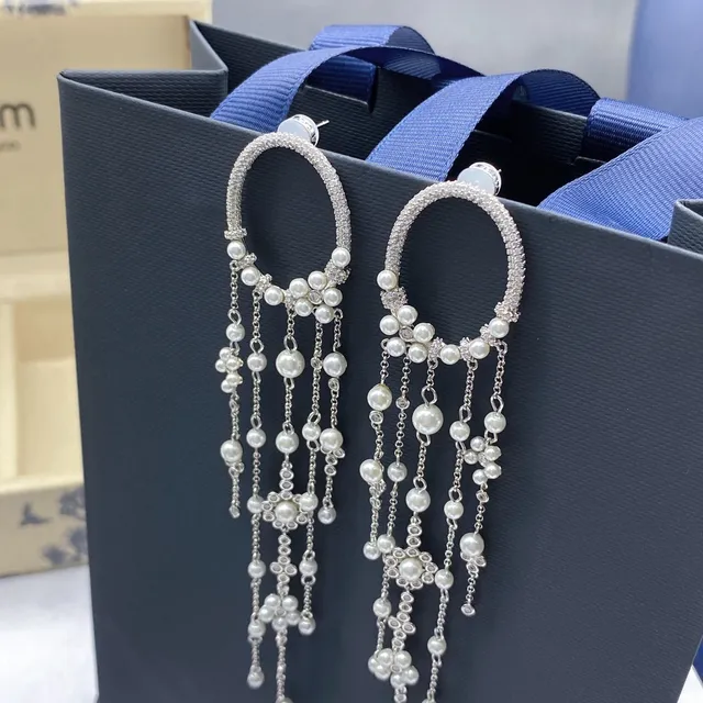 apm MONACO Silver Hoop-Top Pearl and Crystal Tassel Earrings 9
