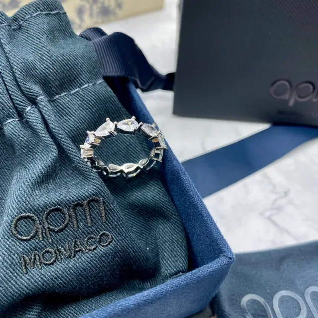 apm Monaco Silver Navy Eternity Band Pear And Baguette Stone Setting Ring 6