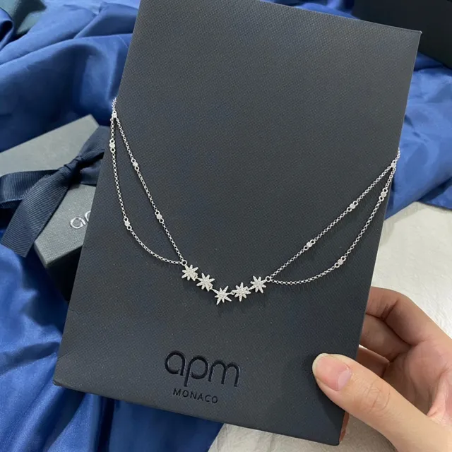 APM Monaco Silver Navy Starburst Pendant Cluster Pavé-Set Clear Stones Necklace 3