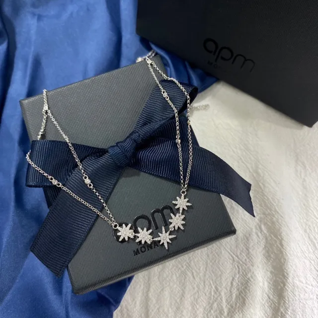 APM Monaco Silver Navy Starburst Pendant Cluster Pavé-Set Clear Stones Necklace 4