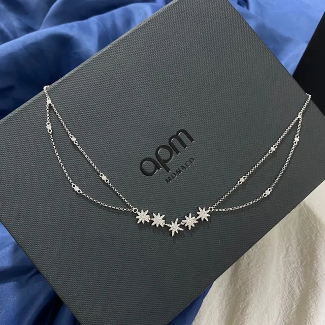 APM Monaco Silver Navy Starburst Pendant Cluster Pavé-Set Clear Stones Necklace 7