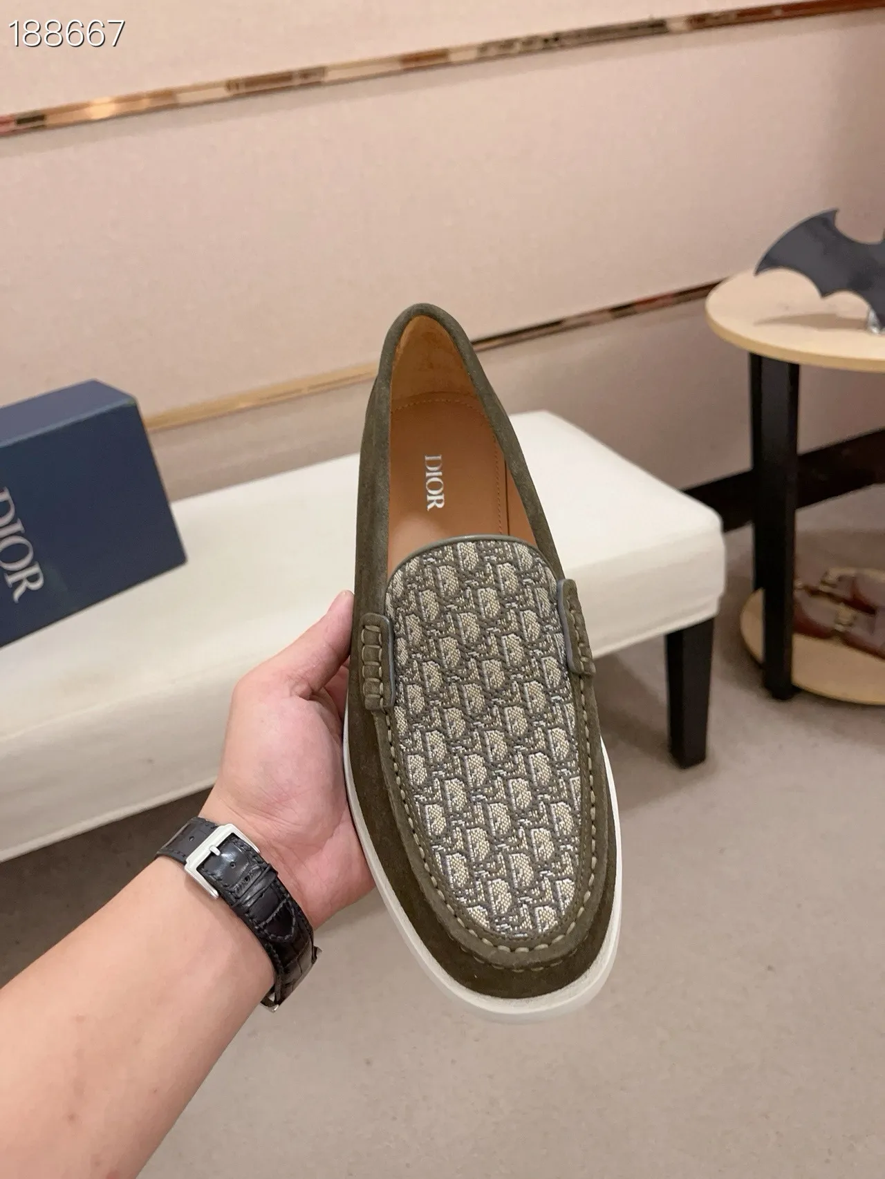 Army Green Beige Olive Suede Monogrammed Vamp Panel Loafer 4