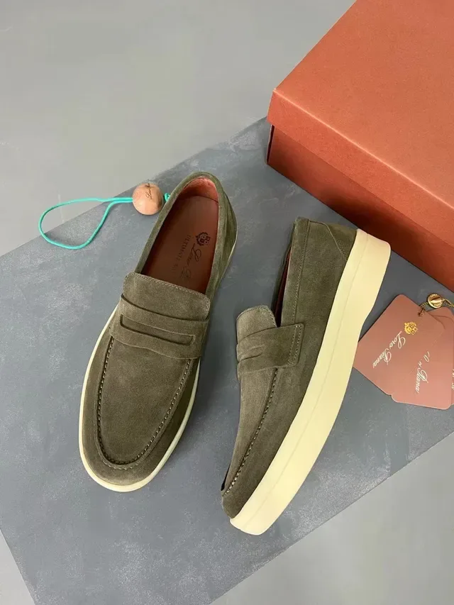 Army Green Beige Suede Upper Penny Strap Loafer 6