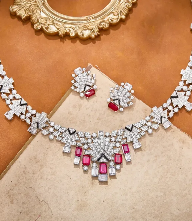 Art Deco Geometric Fan Motif Ruby and Diamond Necklace 3