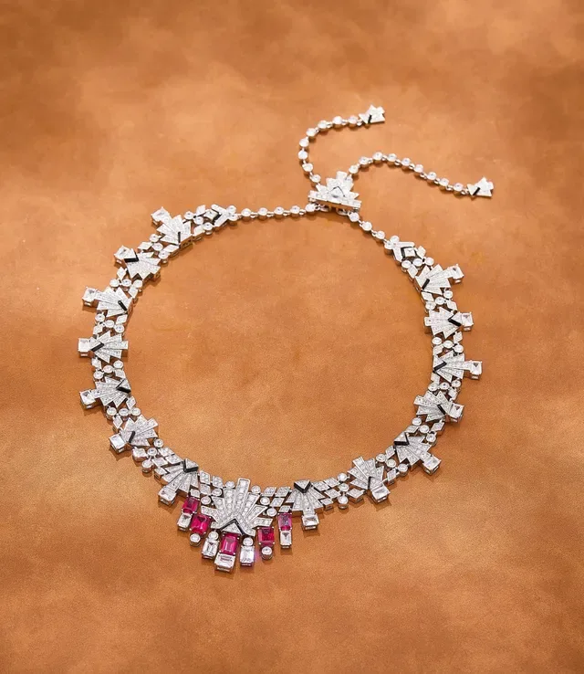Art Deco Geometric Fan Motif Ruby and Diamond Necklace 5
