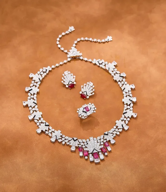 Art Deco Geometric Fan Motif Ruby and Diamond Necklace 6