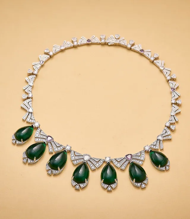 Art Deco-Inspired Green Cabochon and Diamond Pendant Necklace 5