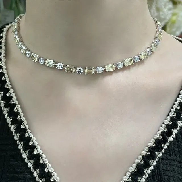 Baguette and Round Stone Alternating Linear Necklace 5