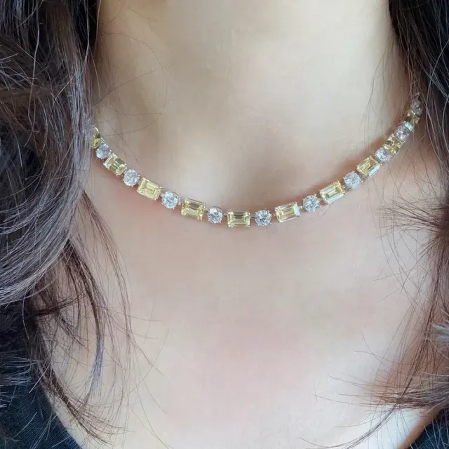 Baguette and Round Stone Alternating Linear Necklace 9