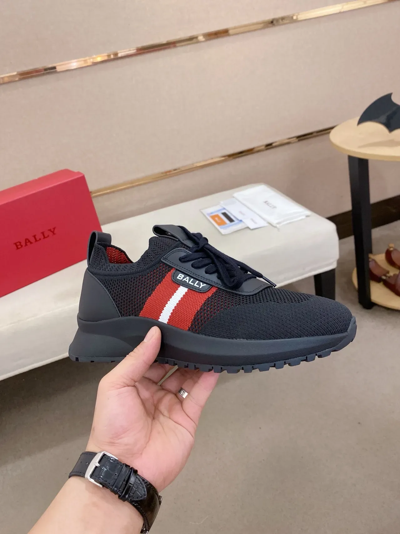 BALLY Black Red Mesh Upper Side Stripe Detail Sneakers 5