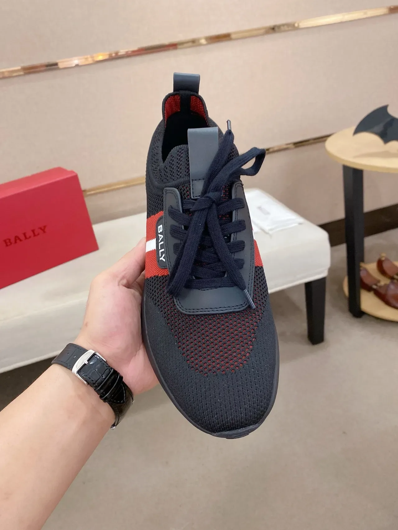 BALLY Black Red Mesh Upper Side Stripe Detail Sneakers 6