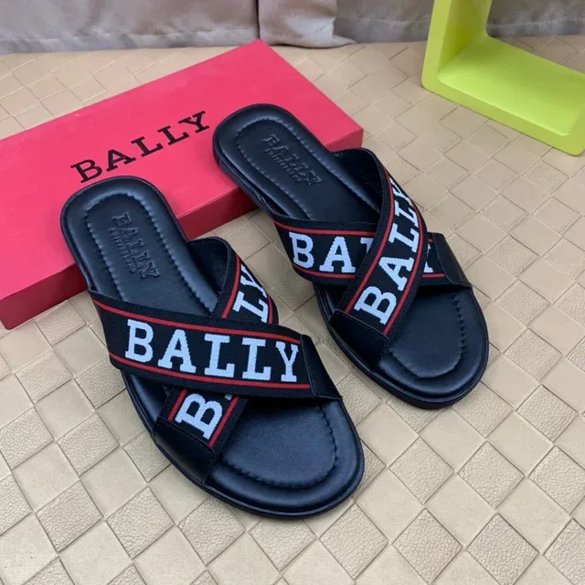 BALLY Logo Strap Slide Black White Red Slippers 3