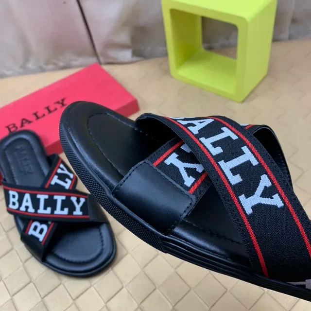 BALLY Logo Strap Slide Black White Red Slippers 4