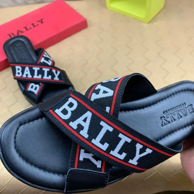 BALLY Logo Strap Slide Black White Red Slippers 5