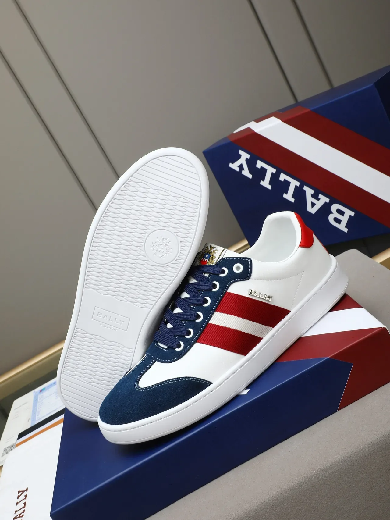 Bally White Navy Low-Top Suede-Leather Panelled Sneakers 4