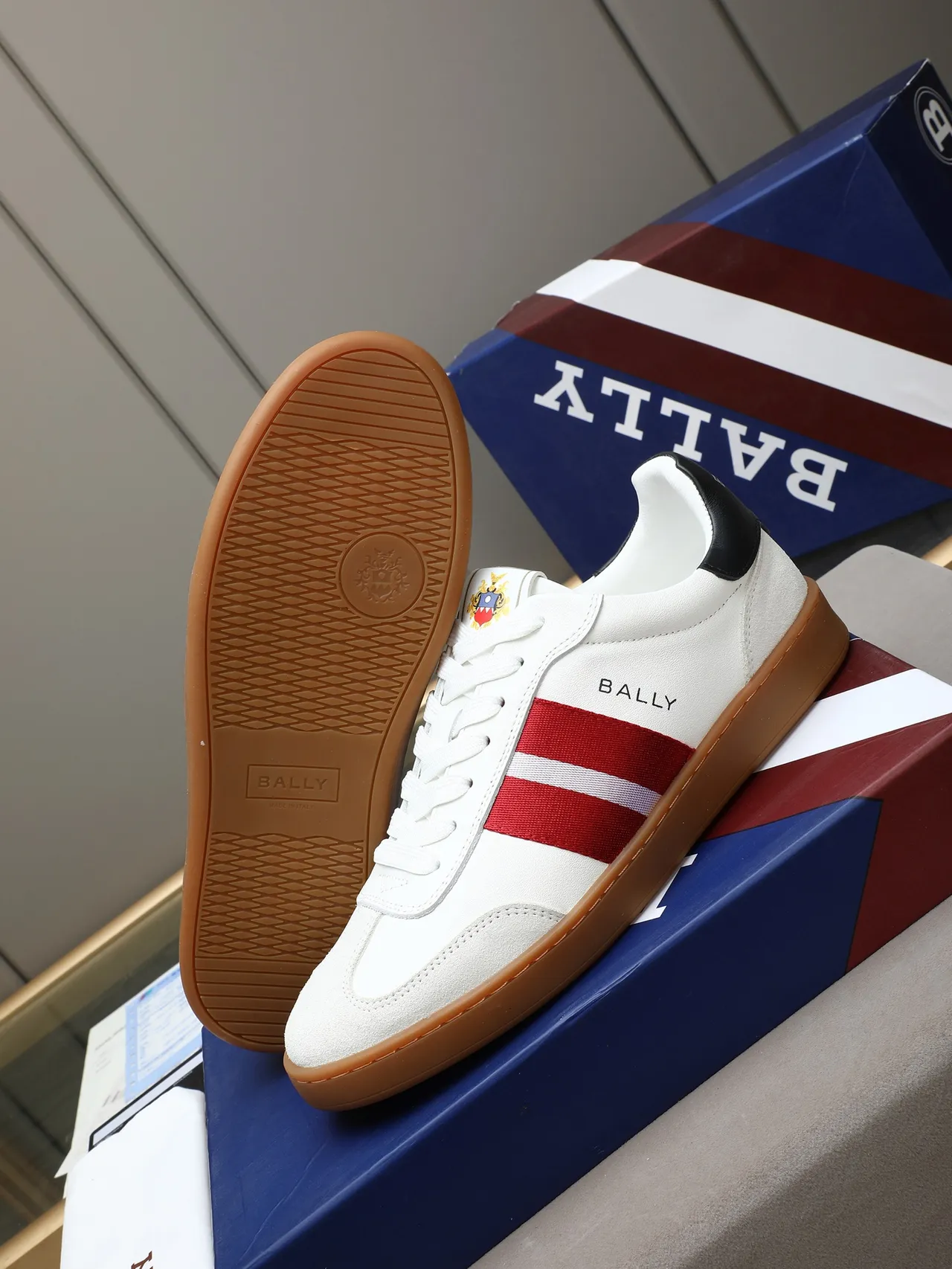 BALLY White Red Low-Top Suede-and-Leather Upper Lifestyle Sneakers 4