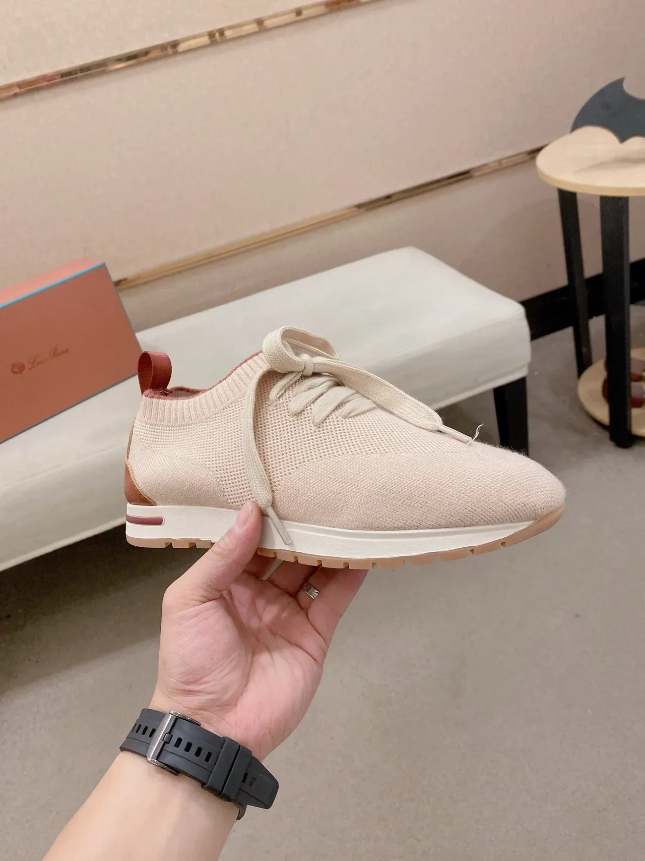 Beige and Brown Knit Lace-Up Sneaker 5
