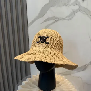 Beige Black Woven Straw Wide-Brimmed Bucket Hat