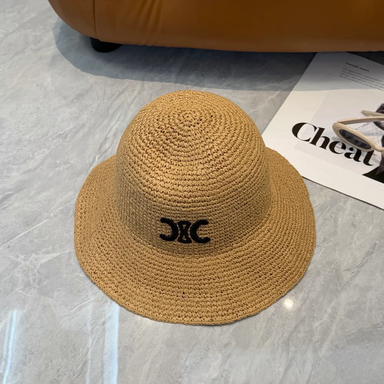 Beige Noir Paille Tressée Chapeau de Seau à Bordures Larges 6