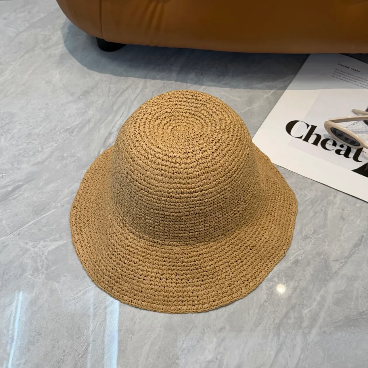 Beige Noir Paille Tressée Chapeau de Seau à Bordures Larges 8