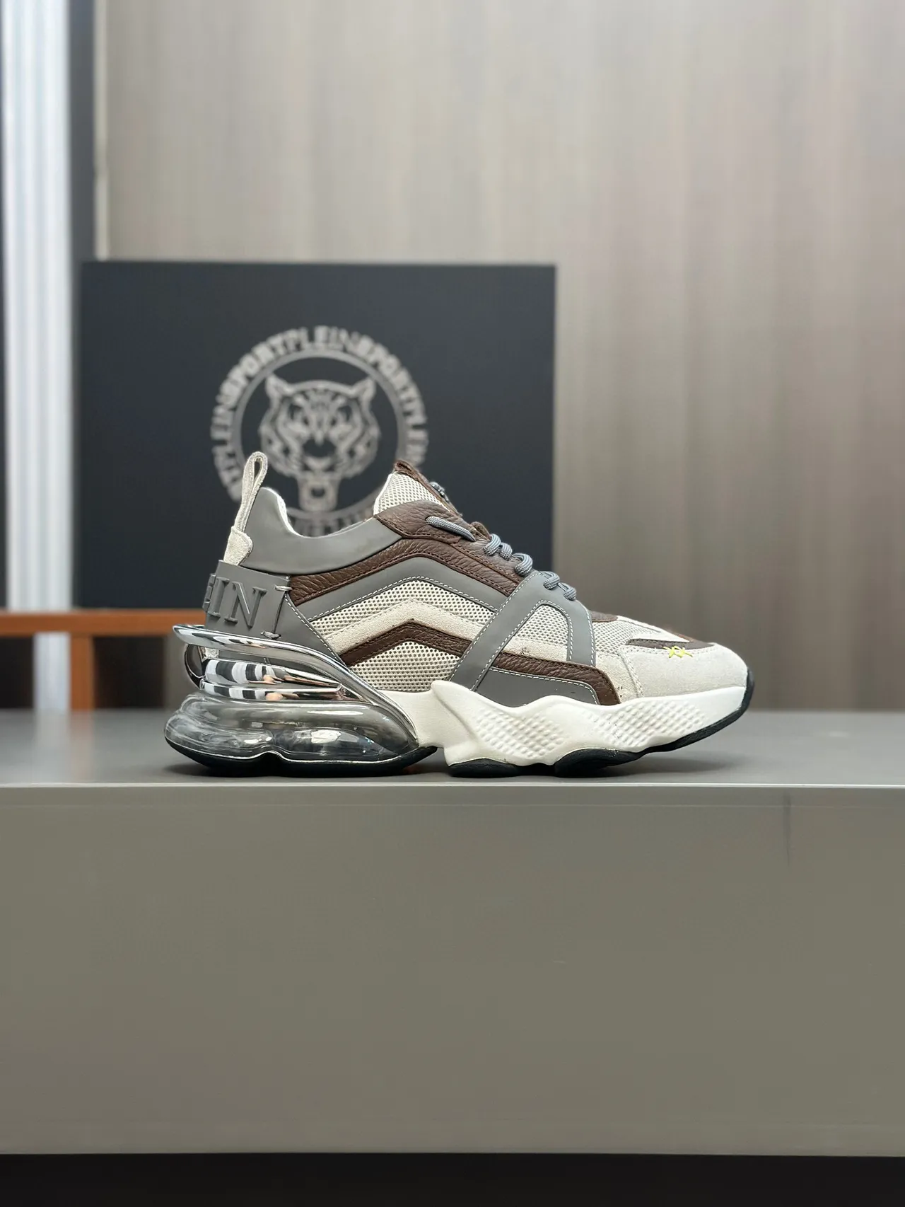 Beige Brown Layered Cage Construction Mesh And Suede Upper Chunky Sneakers 2
