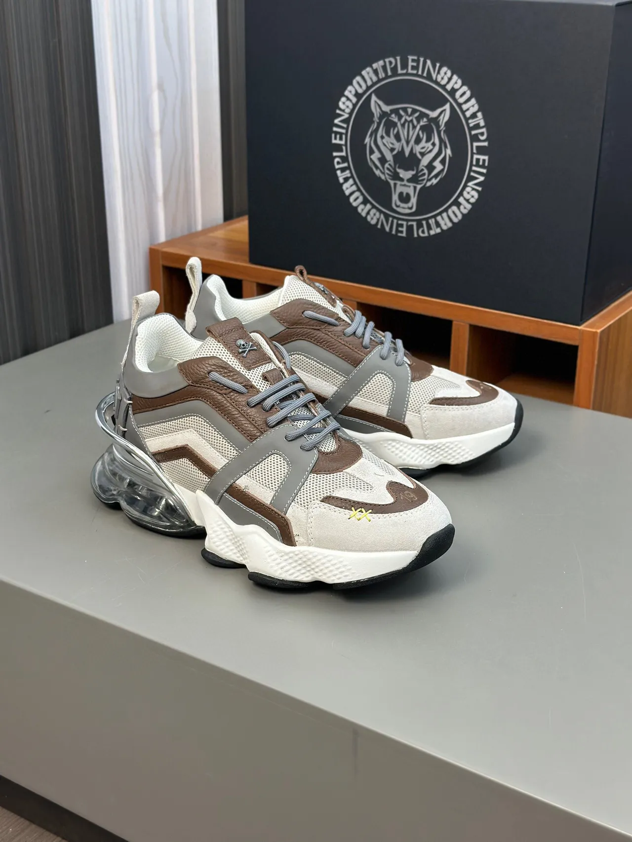 Beige Brown Layered Cage Construction Mesh And Suede Upper Chunky Sneakers 4