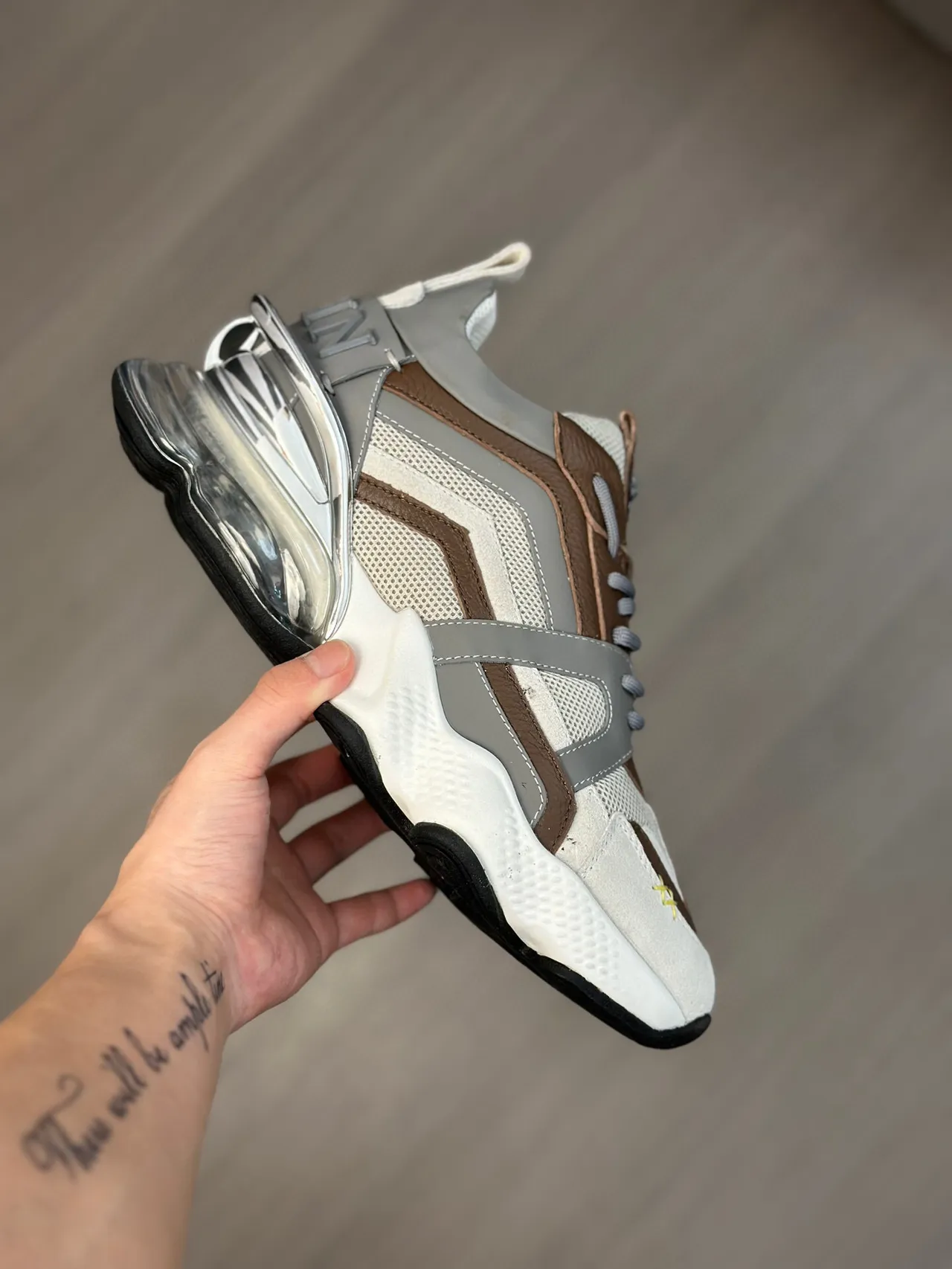 Beige Brown Layered Cage Construction Mesh And Suede Upper Chunky Sneakers 5