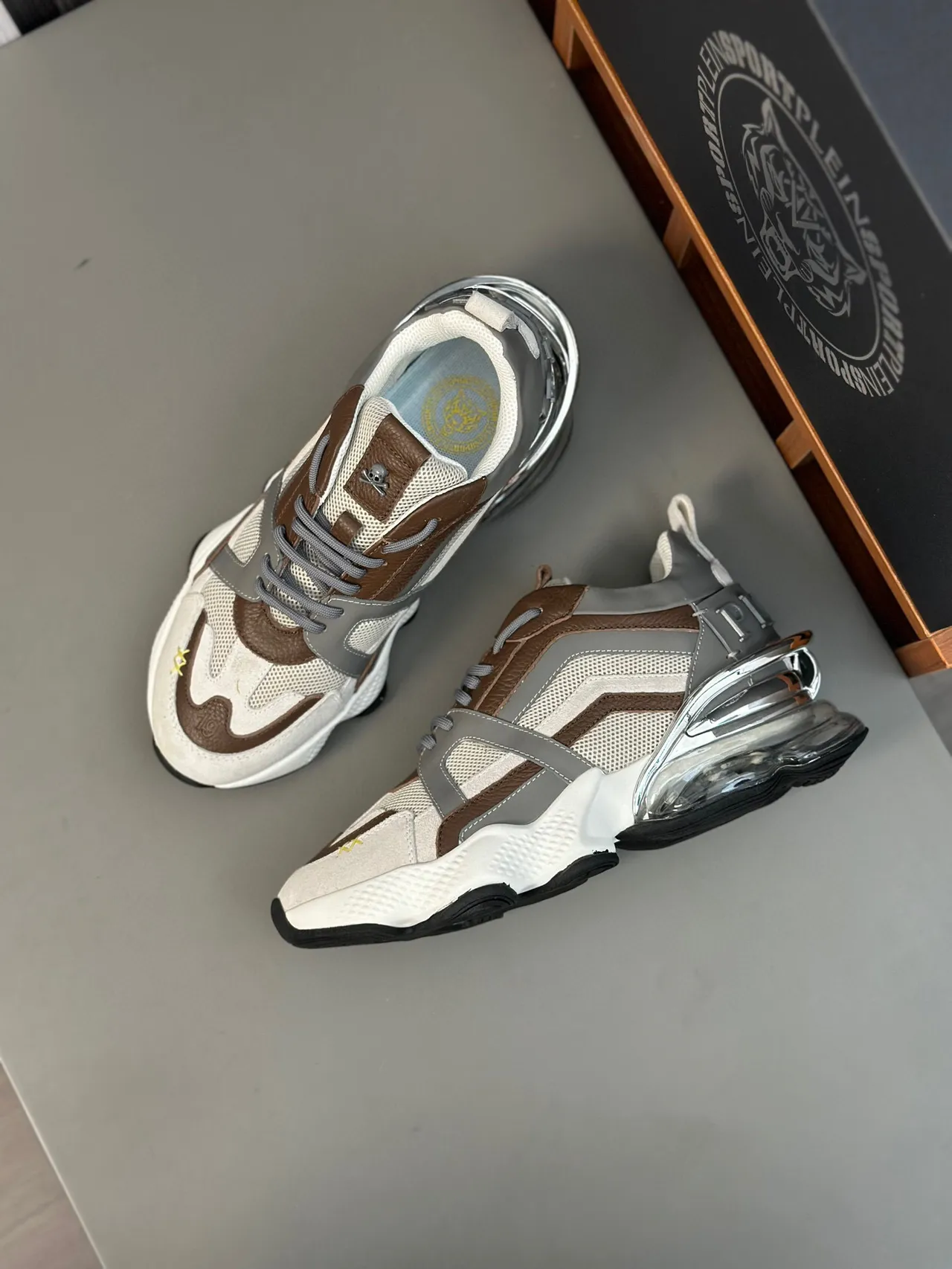 Beige Brown Layered Cage Construction Mesh And Suede Upper Chunky Sneakers 7
