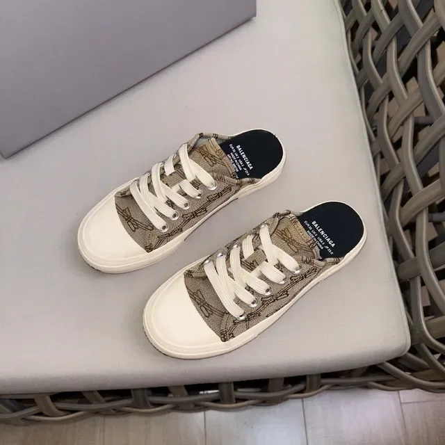Beige Canvas Jacquard Upper Mule-Style Open Heel Casual Shoes 3
